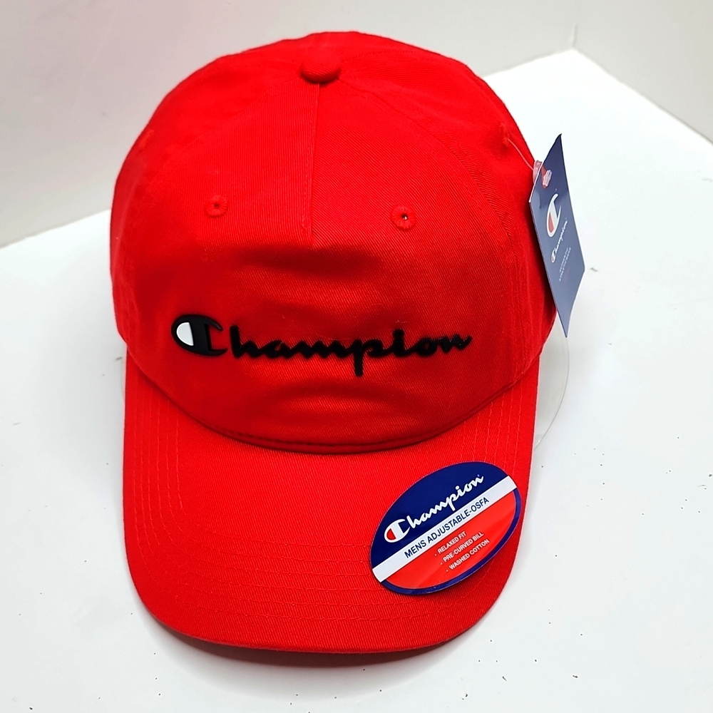 CHAMPION RED CAP HAT UNISEX, RED ELEVATED BLACK PLASTIC LOGO ON THE FRONT